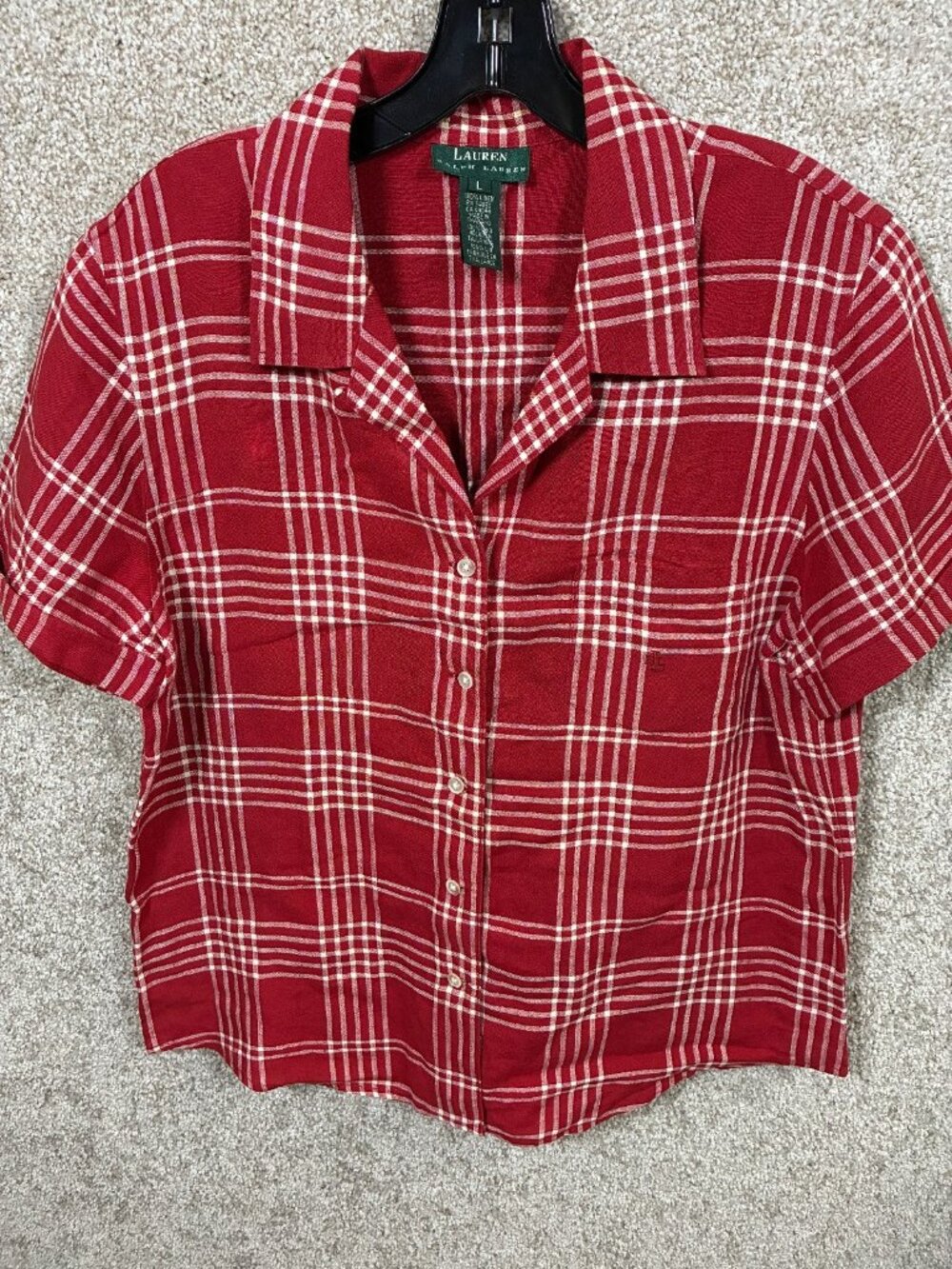 Lauren Ralph Lauren Womens L 100% Linen Shirt Red Plaid Button Front LRL